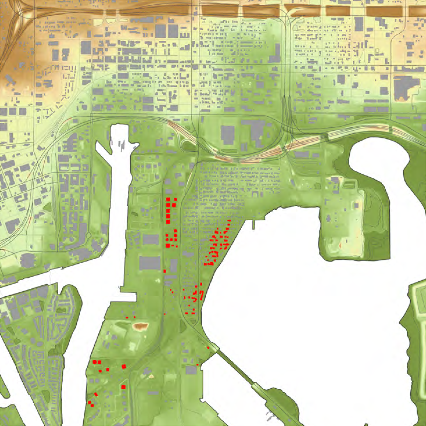 Topographic map showing green areas and buildings, with red markers indicating specific locations.