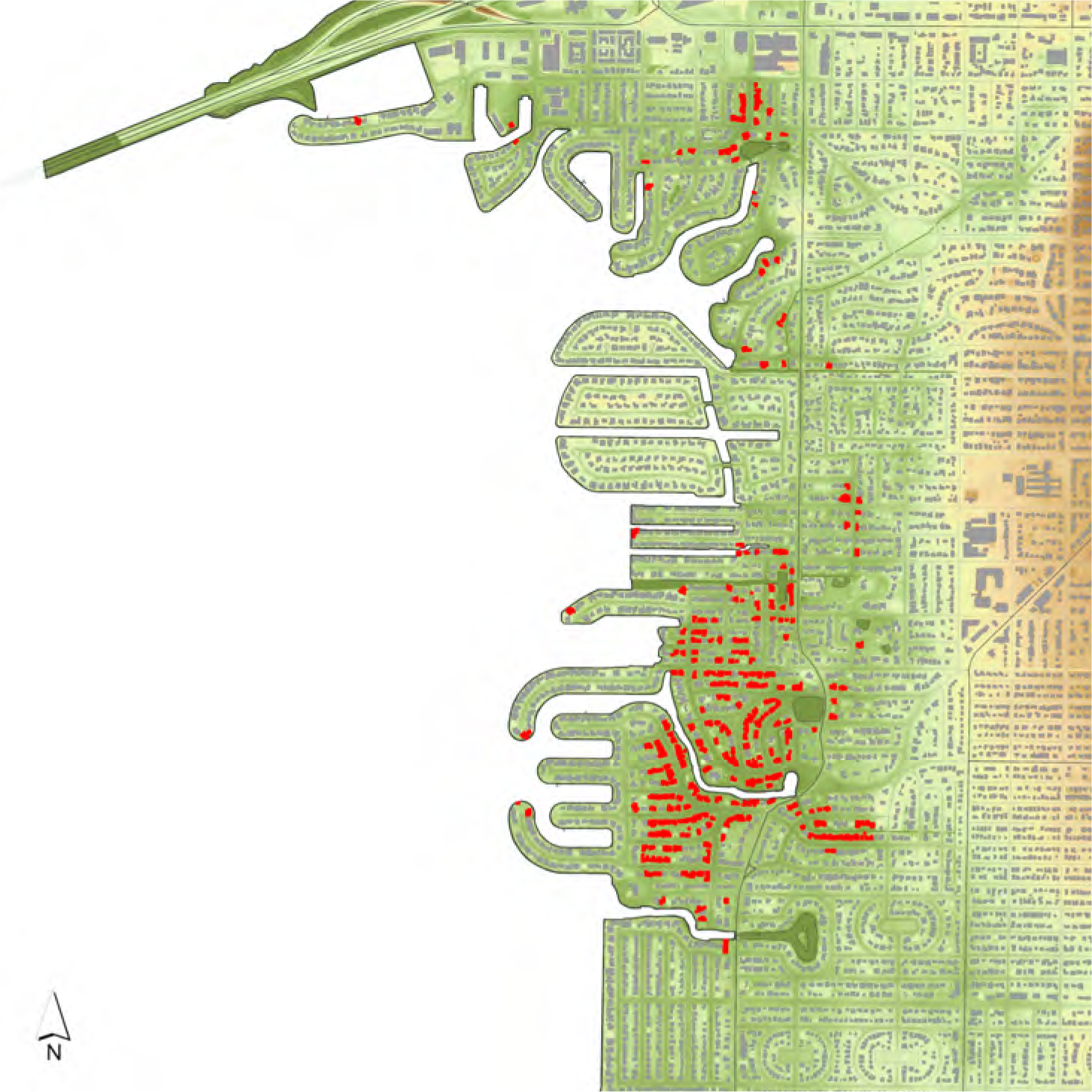 Map showing residential areas with red markers indicating specific locations, surrounded by green areas and major roads.