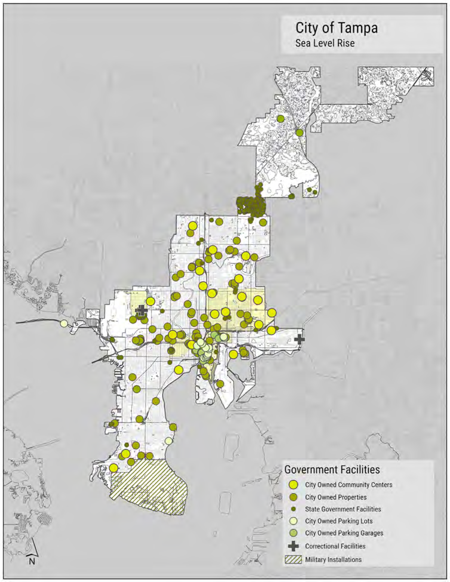 Map of Tampa showing locations of government facilities affected by sea level rise, including community centers and parking lots.