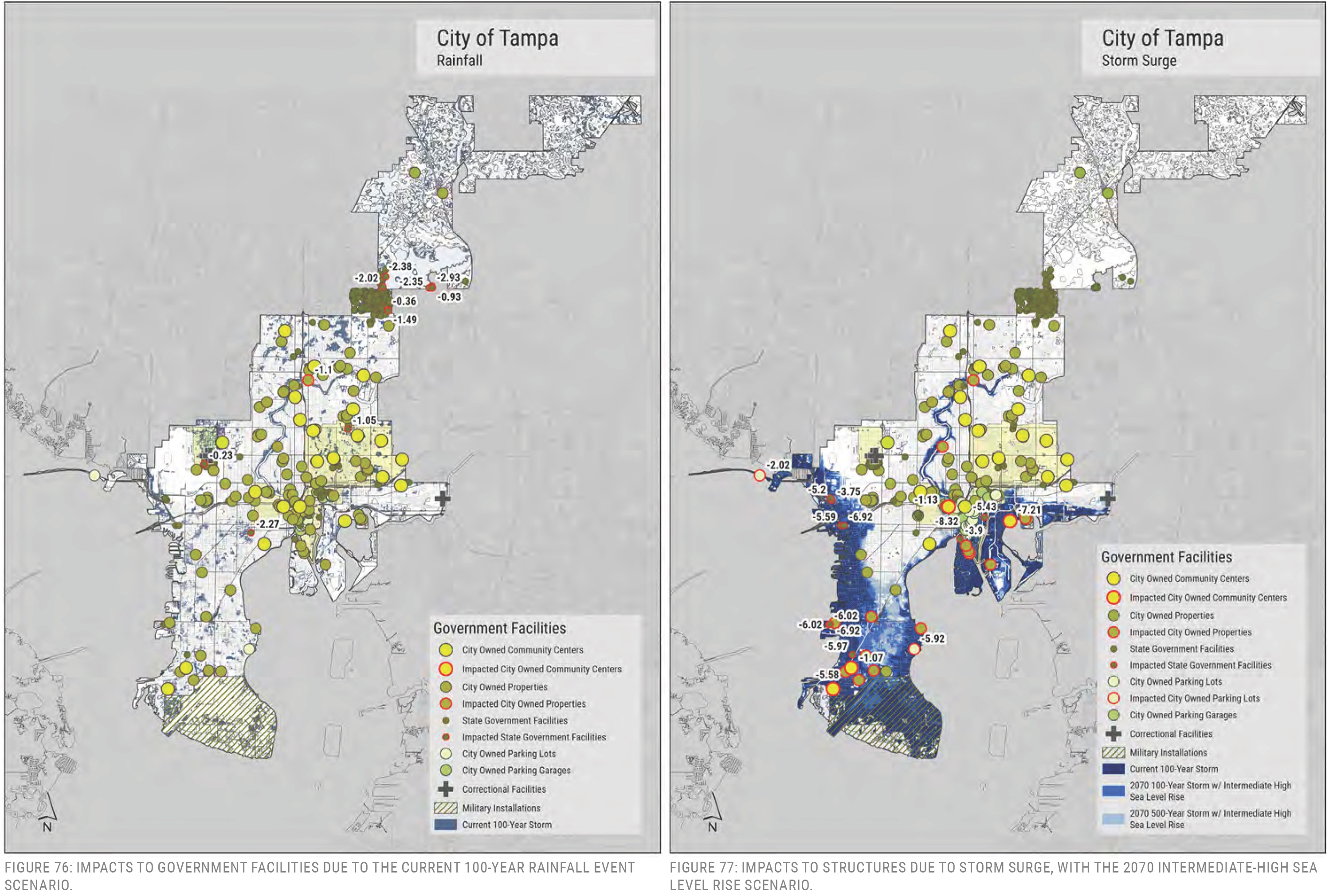 Maps of Tampa showing government facilities impacted by rainfall and storm surge under current projections.