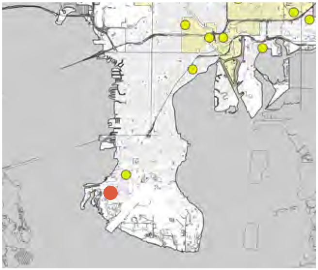 Map showing a coastal area with highlighted dots indicating specific locations, with one prominent red dot in the southwest region.