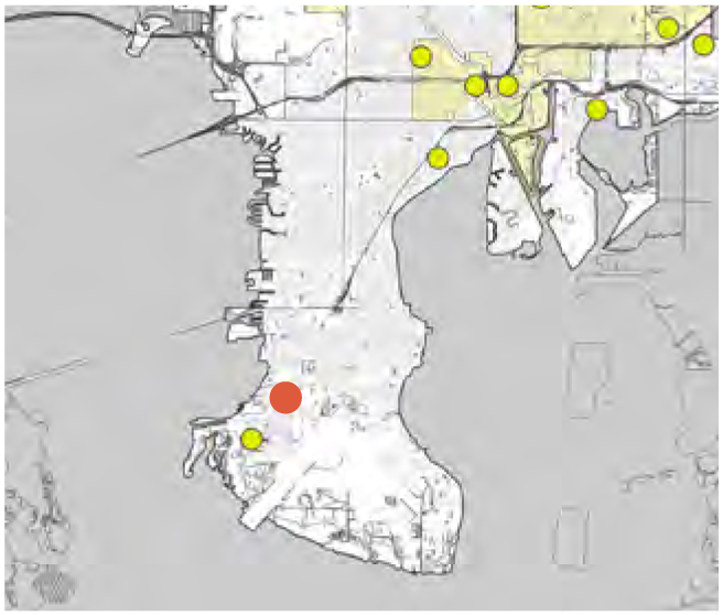 Map of an area with marked points, highlighting locations with yellow circles and one red circle, indicating a specific focus area.