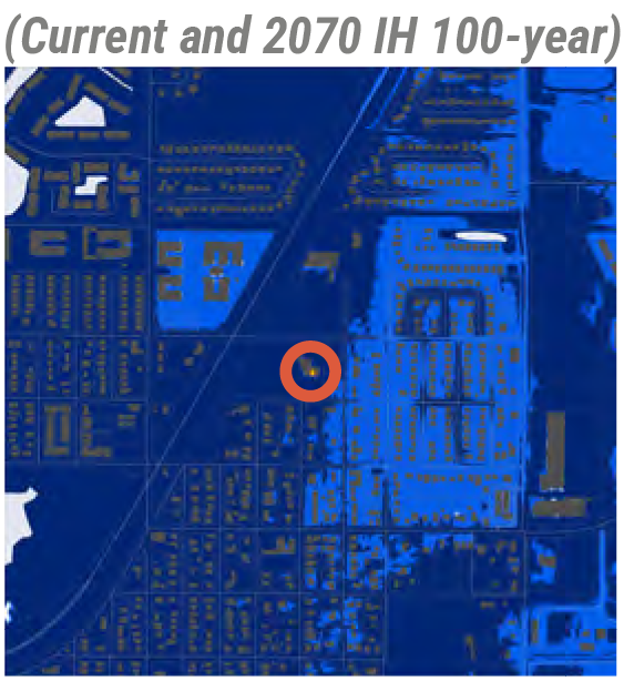 Map showing current and 2070 100-year flood zones, highlighted in blue with an orange circle indicating a specific location.
