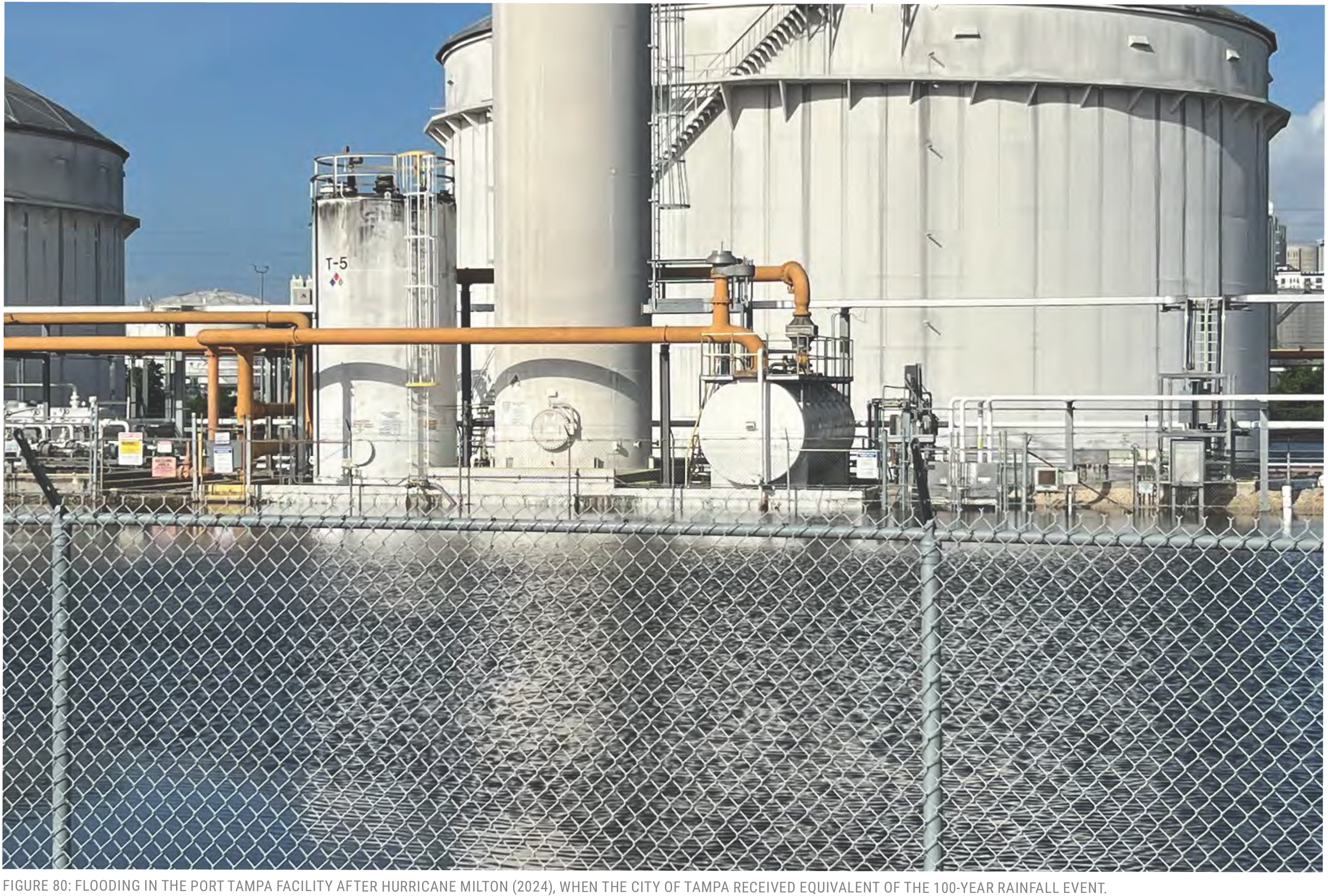 Flooded industrial area near storage tanks, illustrating flooding impact in Port Tampa after Hurricane Milton.