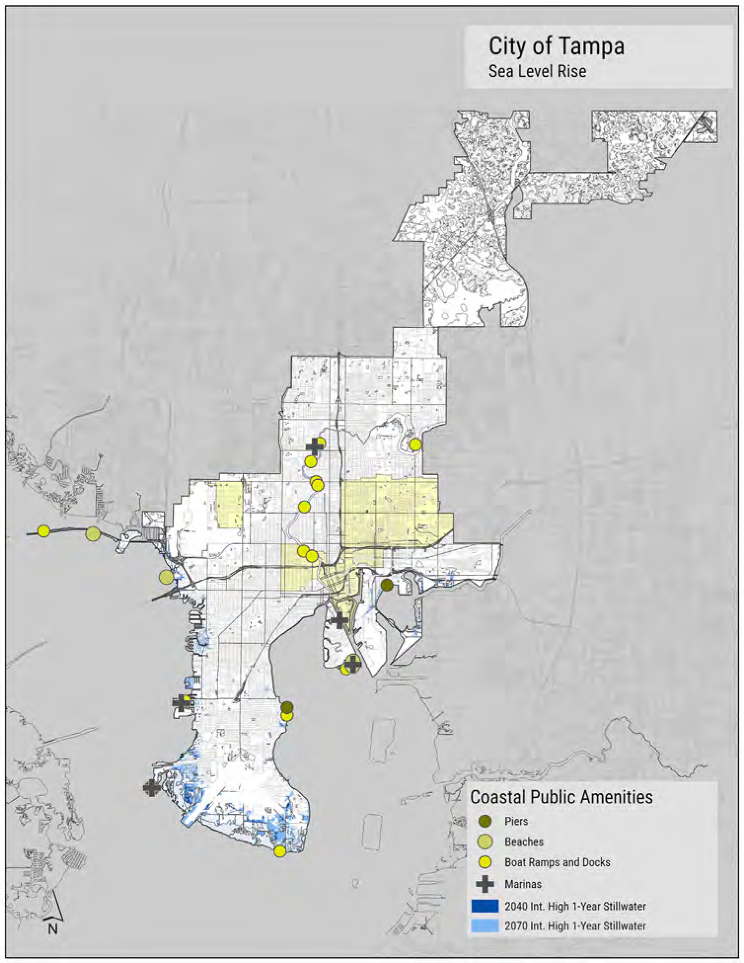 Map of Tampa showing areas impacted by sea level rise, including coastal public amenities like piers and boat ramps.