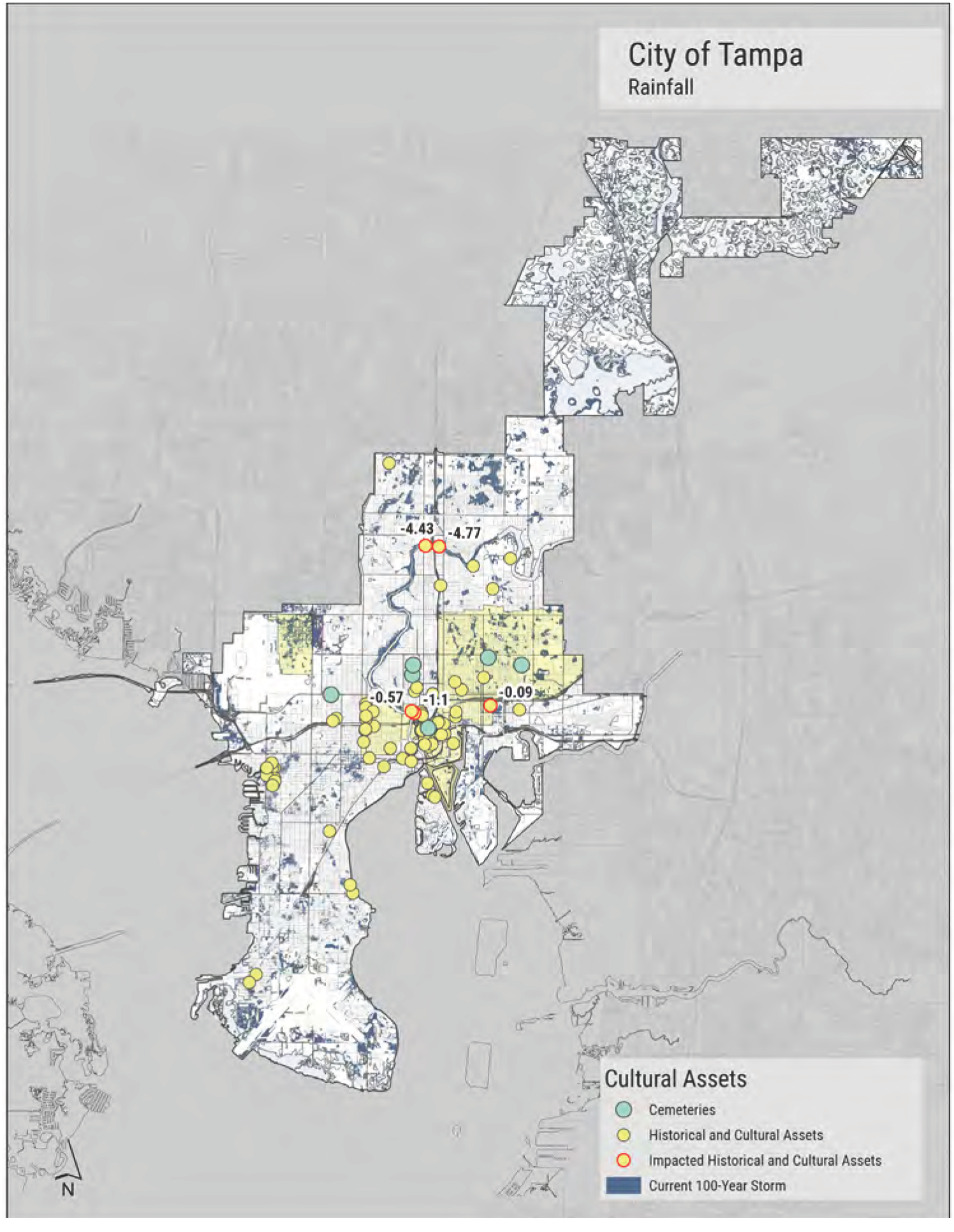 Map of Tampa showing rainfall, cultural assets, and impact of the current 100-year storm with marked historical sites.