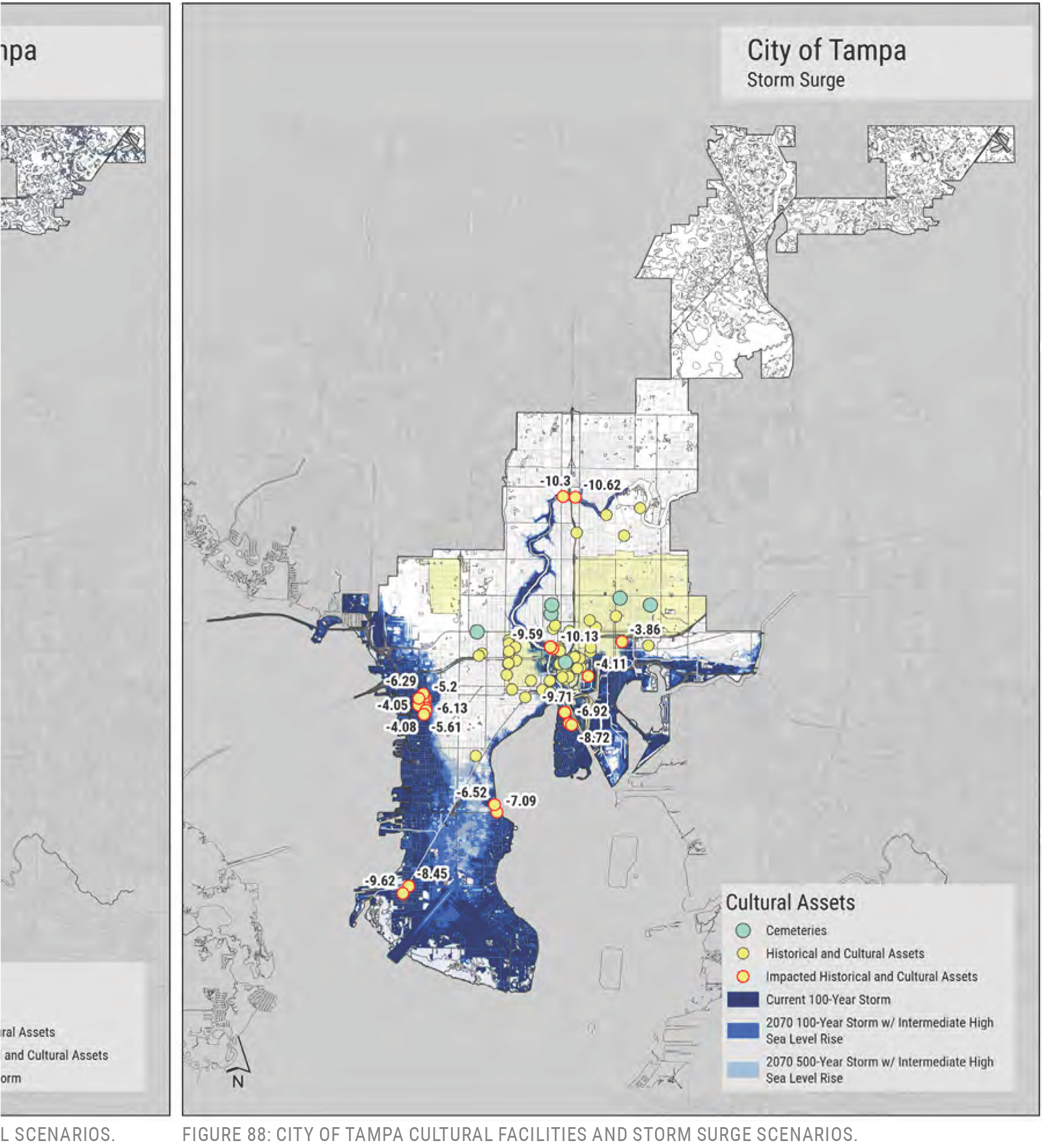 Map of Tampa showing cultural and historical assets, with storm surge scenarios overlaid, highlighting areas at risk during potential storms.
