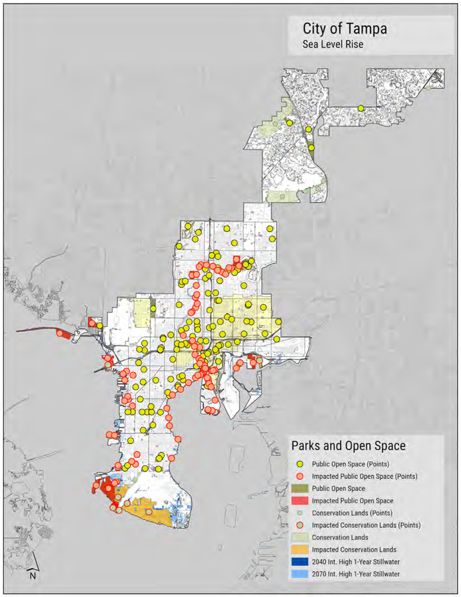 Map of Tampa indicating areas affected by sea level rise, with public spaces and conservation lands highlighted.