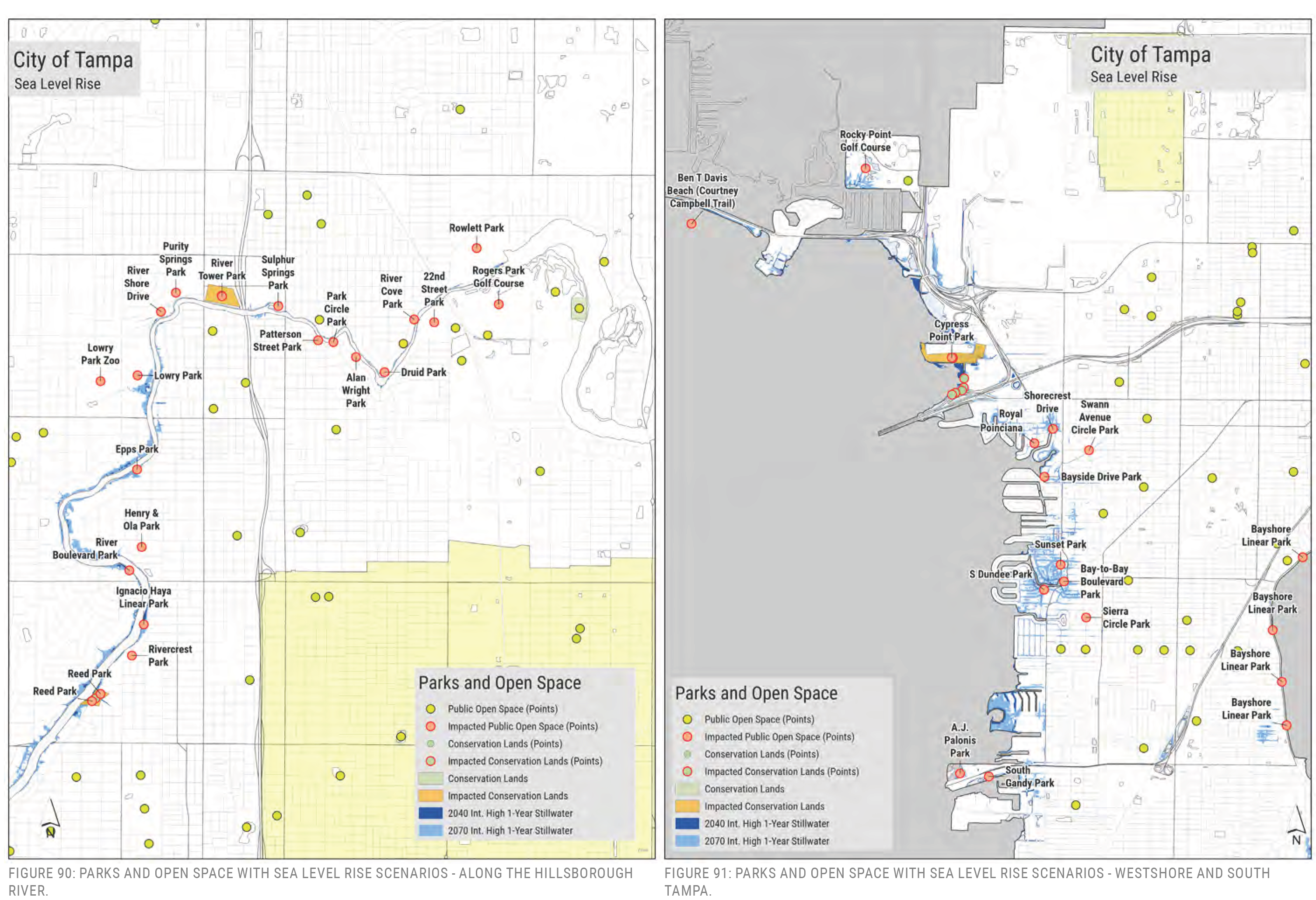 Map of Tampa showing parks and open spaces, with sea level rise scenarios along the Hillsborough River and Westshore and South Rivers.