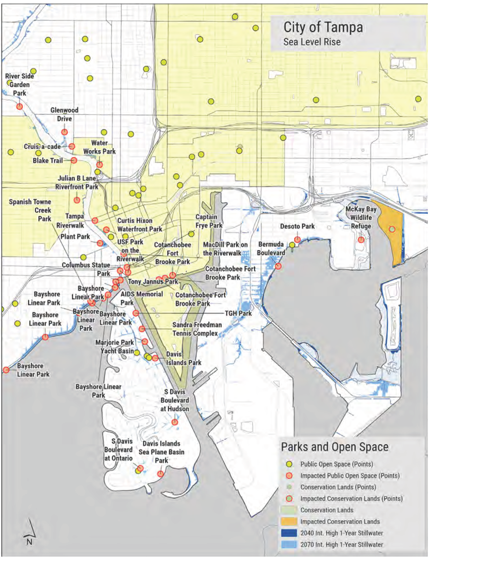 Map of Tampa showing sea level rise zones, parks, open spaces, and public sites with points indicating various land types and inspections.
