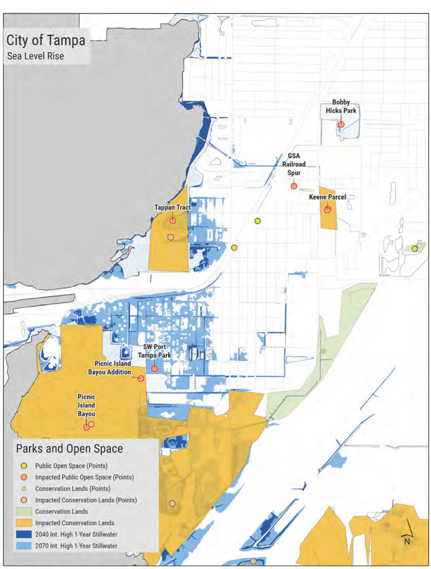 Map of Tampa showing parks and open spaces, areas impacted by sea level rise, and notable points like Bobby Hicks Park and Tappan Trail.
