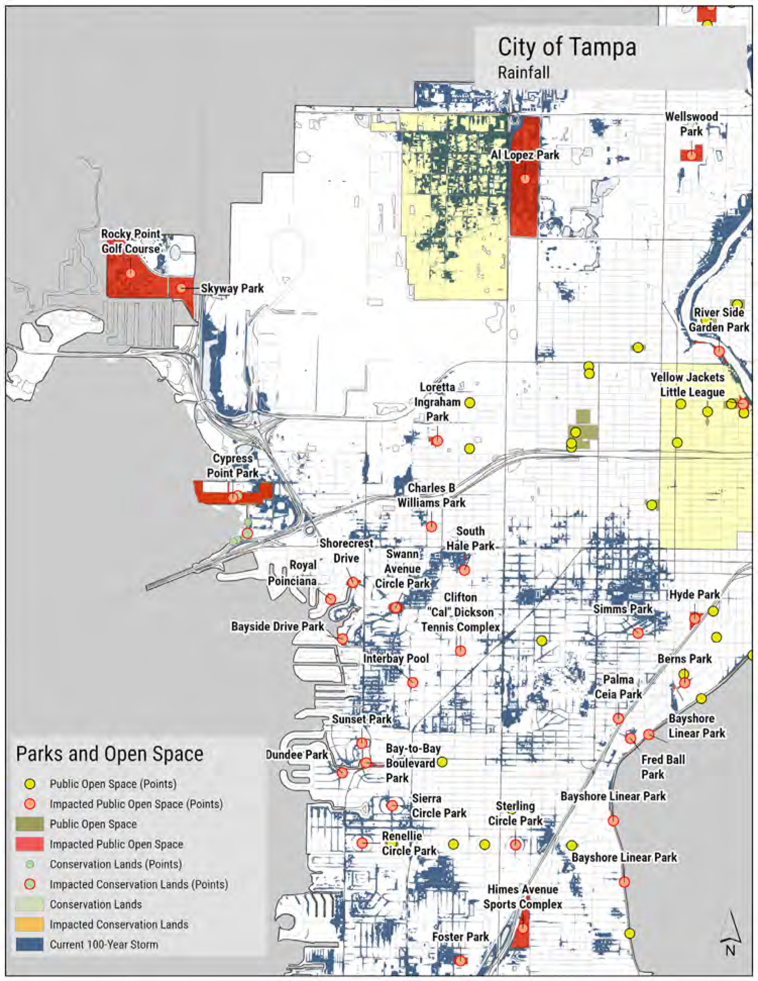 Map of Tampa indicating parks, open spaces, and areas impacted by public projects and storms, with points and labels for reference.