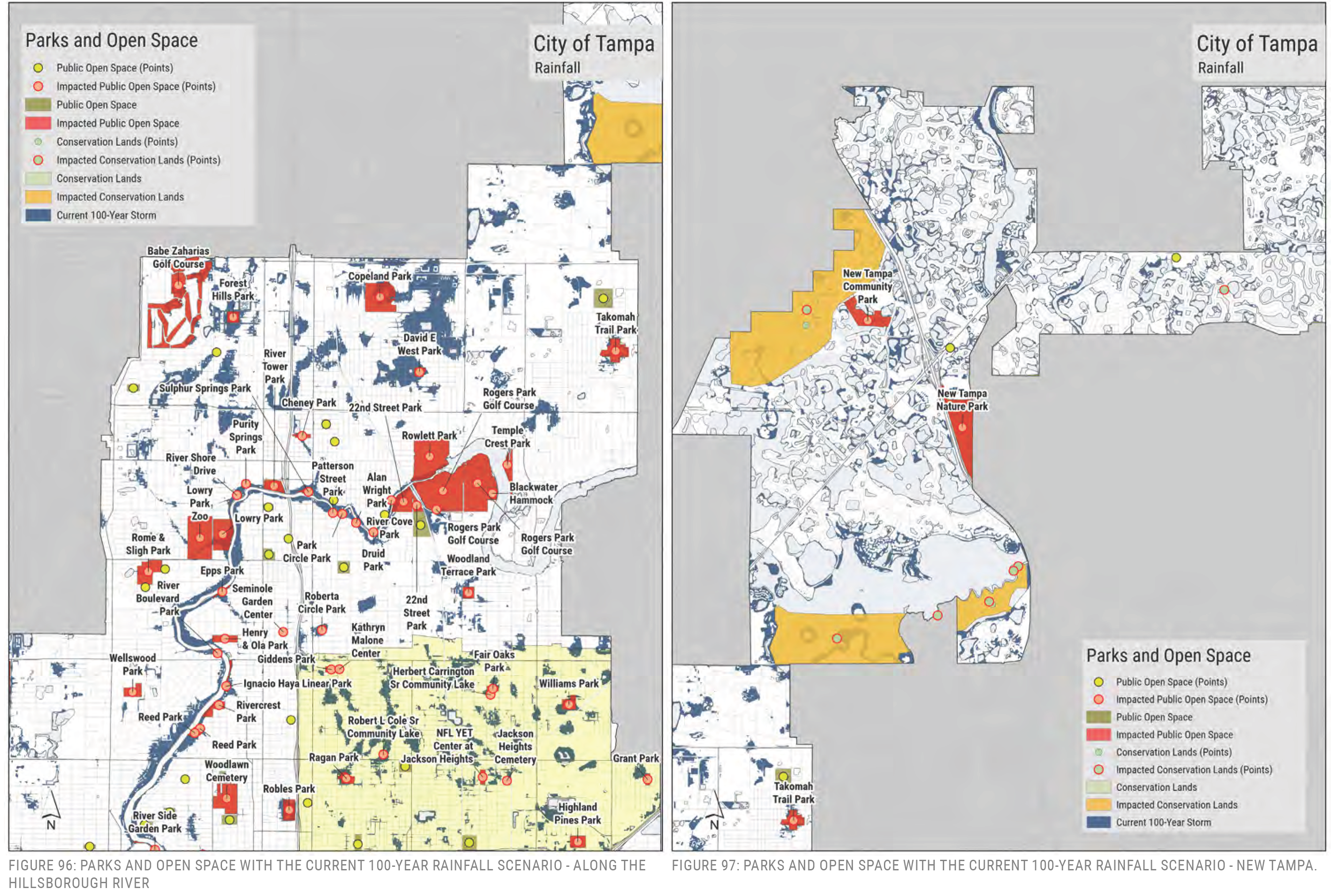 Map of parks and open spaces in Tampa, showing rainfall scenarios and land designations.
