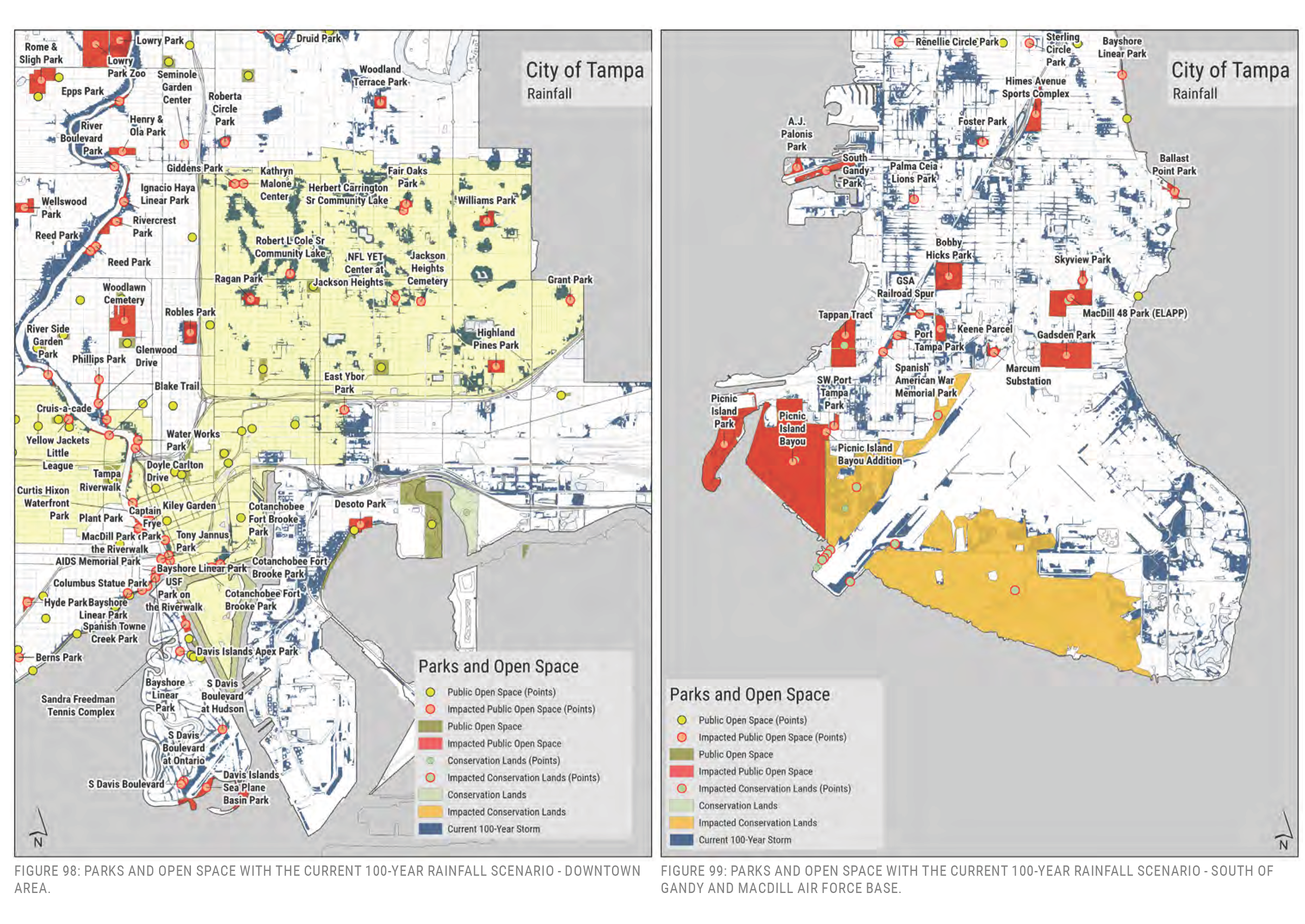 Maps of parks and open spaces in Tampa for current 100-year rainfall scenario: Downtown area (left) and South of Gandy and MacDill Air Force Base (right).