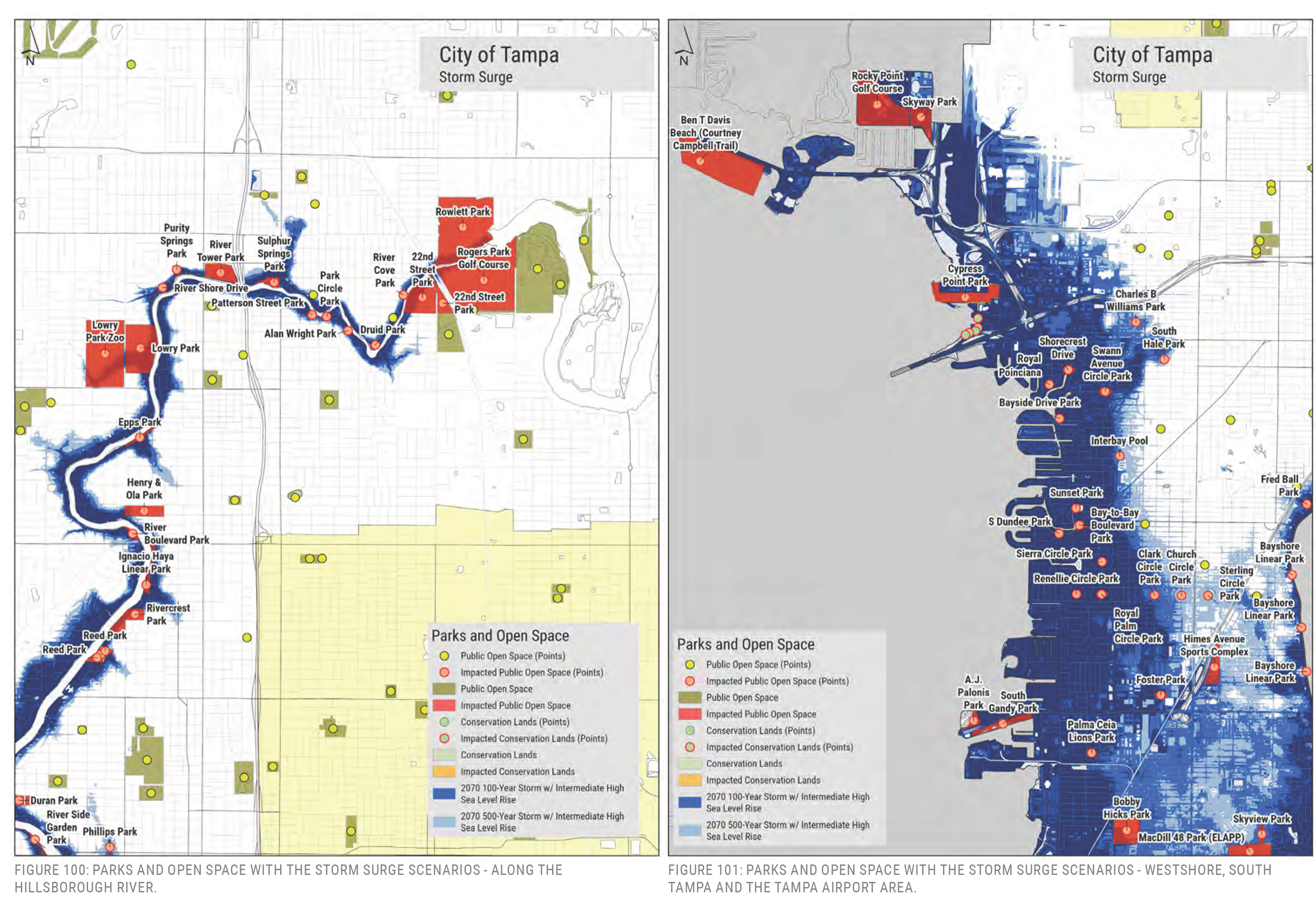 Map of Tampa showing parks and open spaces with storm surge scenarios, highlighting areas affected along the Hillsborough River.