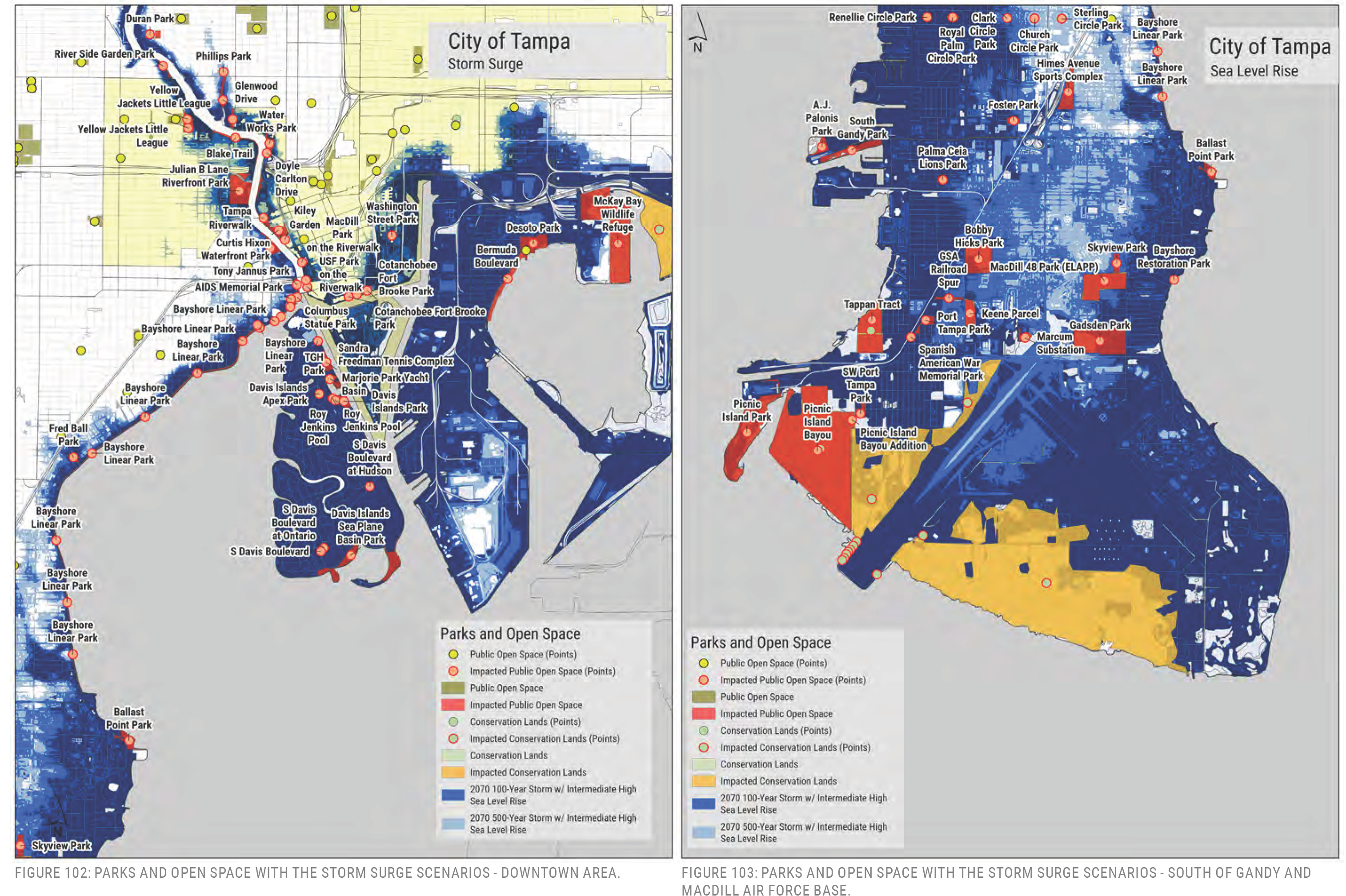 Map showing Tampa's parks and open spaces alongside projected storm surge scenarios for downtown and south of Gandy areas.
