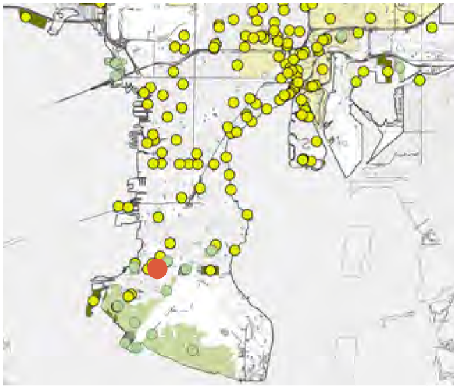 Map highlighting various locations marked with yellow and red dots, indicating specific data points in a geographic area.