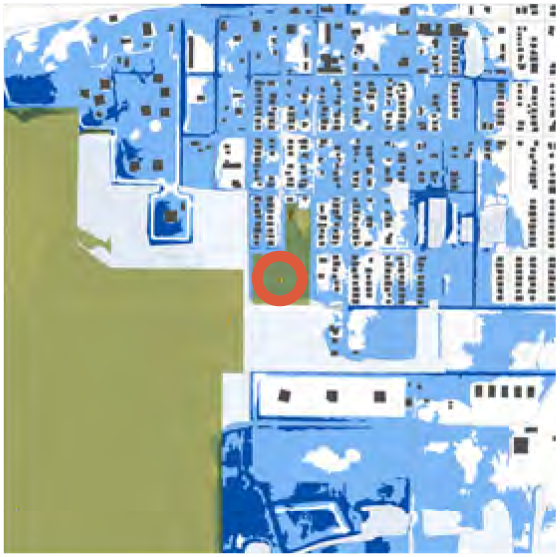 A map highlighting a central area in orange amidst blue and green sections, depicting different land uses and parking areas.