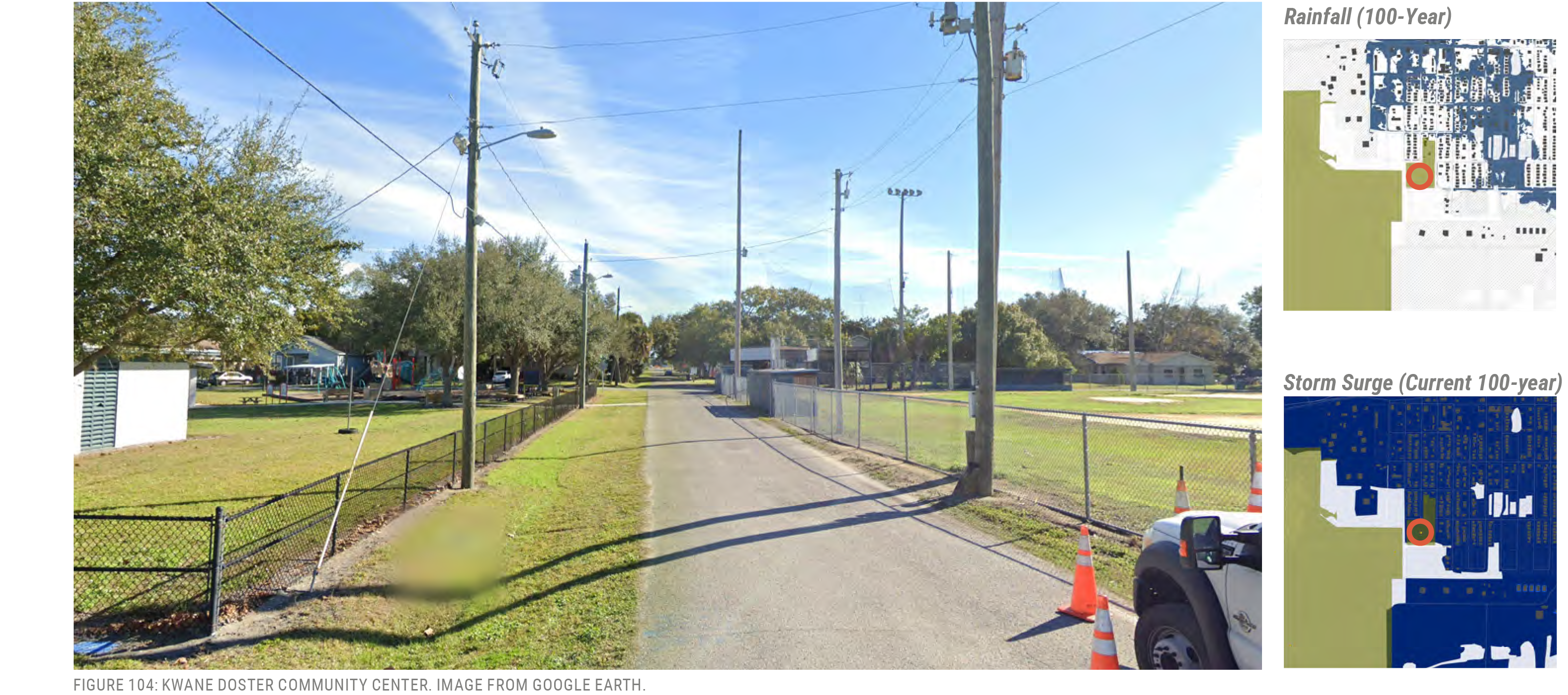 View of a street leading to the Hynes Coster Community Center, with utility poles, greenery, and storm surge and rainfall maps on the side.