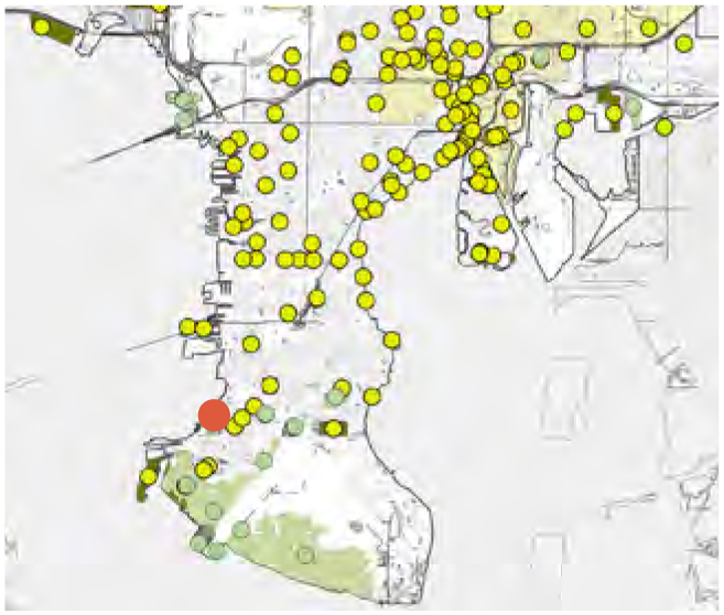 Map showing numerous yellow and green dots, indicating data points, with a highlighted red dot in the southern region.