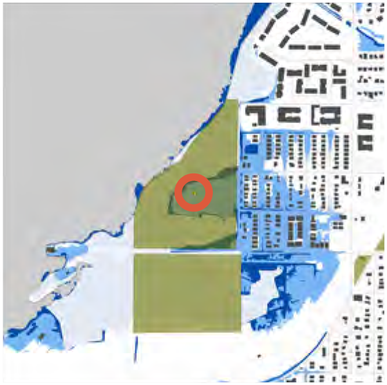 Map showing a green park area with a red marker indicating a specific location.