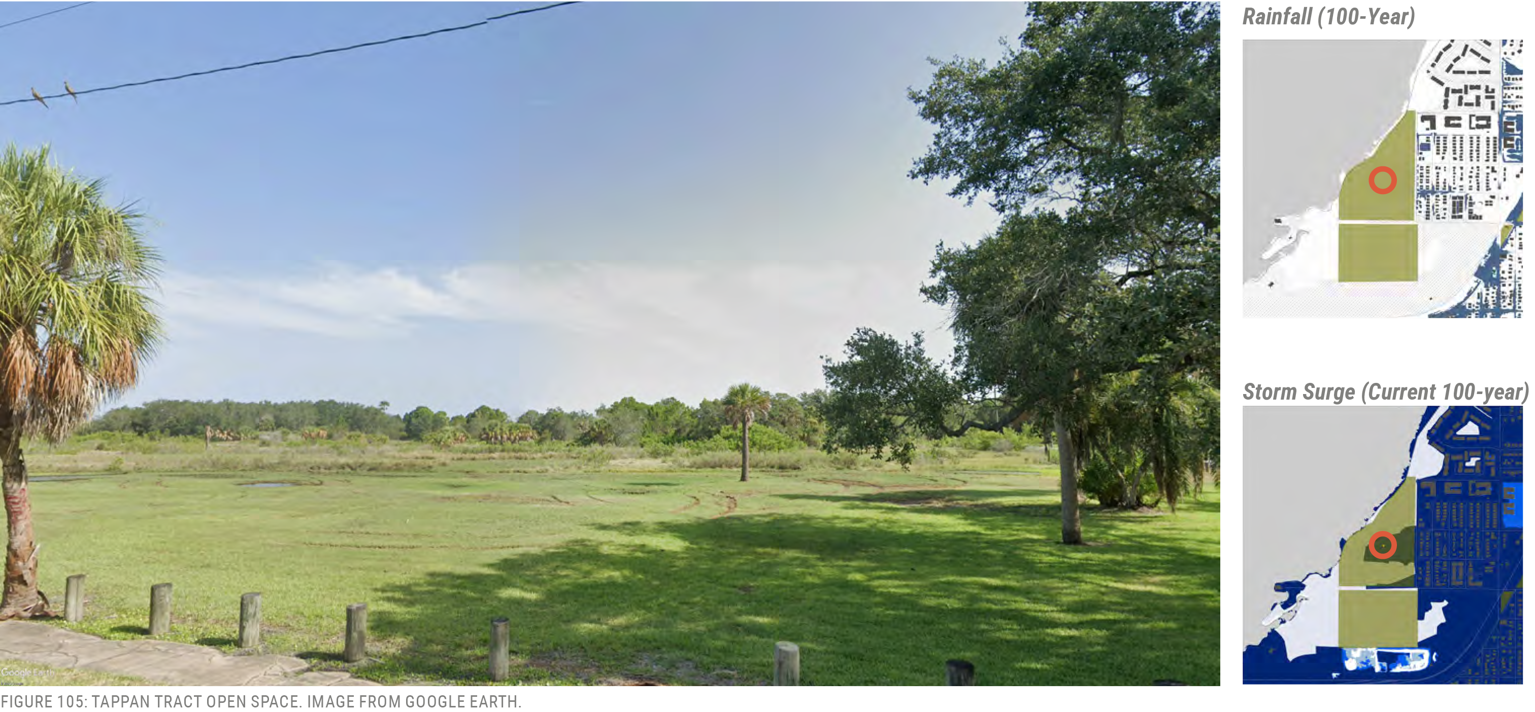 A wide grassy area with trees under a cloudy sky, alongside maps showing rainfall and storm surge risk.