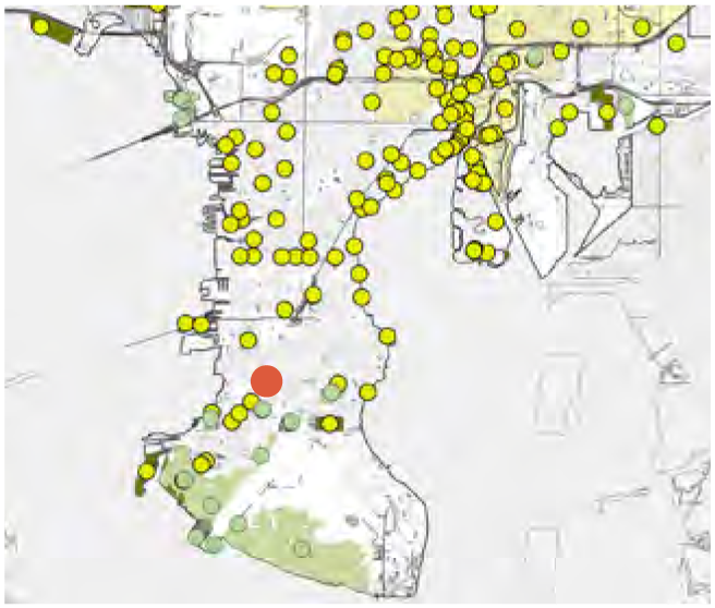 Map showing various points marked in yellow, with a prominent red dot indicating a specific location.