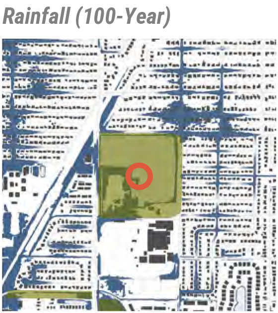 Map showing a rainfall grid for a 100-year period with a highlighted area in red.