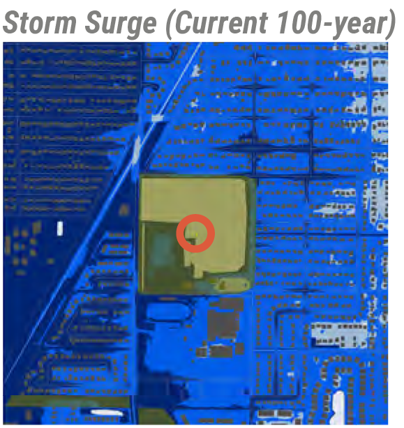 Map showing storm surge risk areas overlaid with a colored circle indicating a specific location.