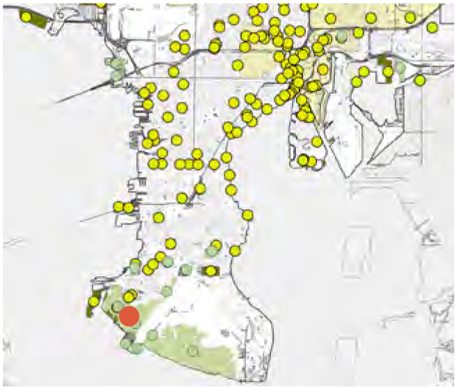 Map showing various locations marked by yellow dots with one red dot highlighted, indicating a specific area of interest.
