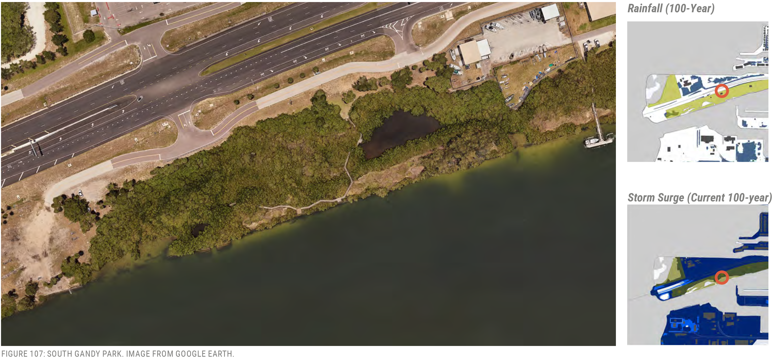 Aerial view of South Gandy Park showing rainfall and storm surge areas overlaid on the landscape.
