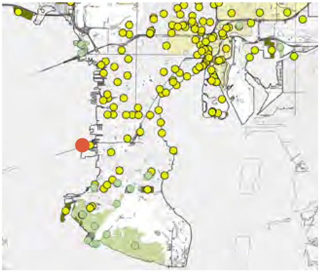 Map showing various yellow points, indicating specific locations, with a highlighted red point in the lower section.