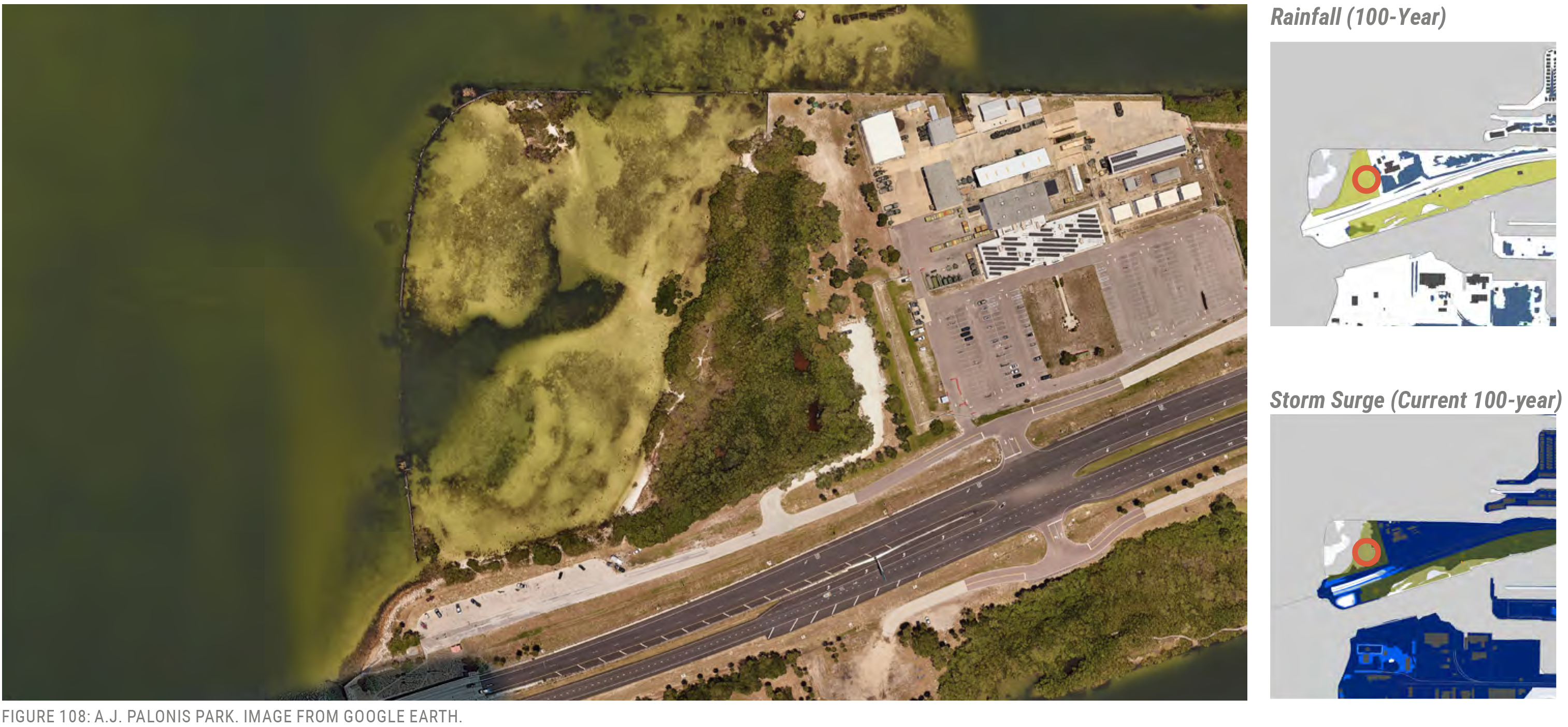 Aerial view of a park with adjacent buildings and road, alongside charts illustrating 100-year rainfall and storm surge projections.