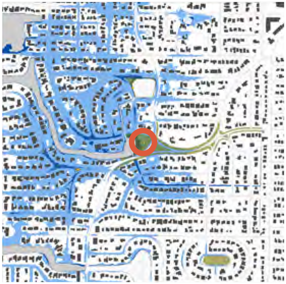 Map showing streets and waterways with a highlighted location indicated by a circular marker.