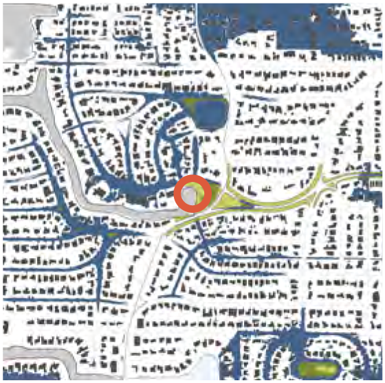 Map excerpt showing neighborhood layout with roads, water bodies, and a highlighted location marked by an orange circle.