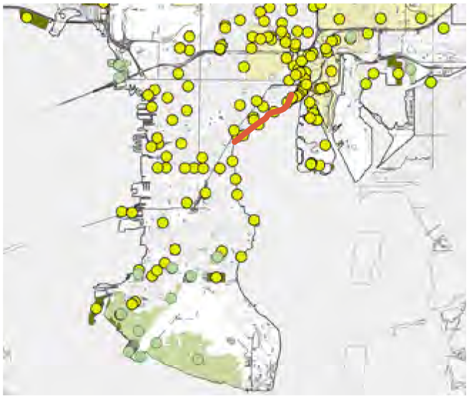 Map showing yellow dots representing locations, with an orange line indicating a specific route or area of interest.