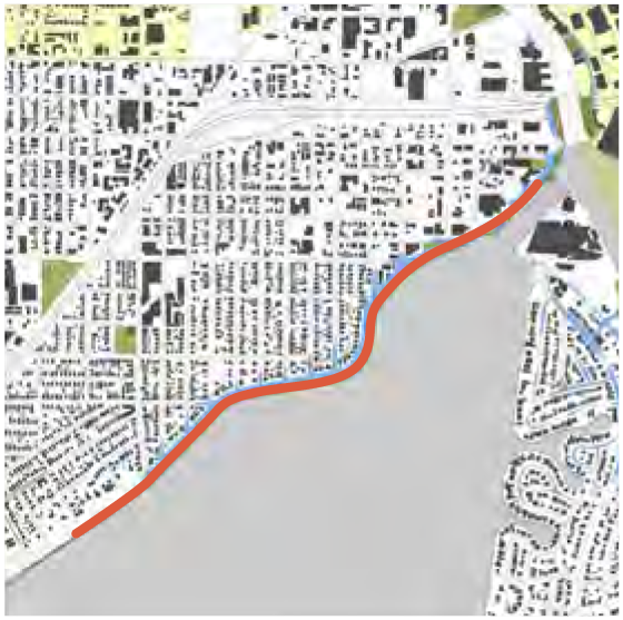 Map showing a winding path along a waterway, with urban areas outlined in black and green.