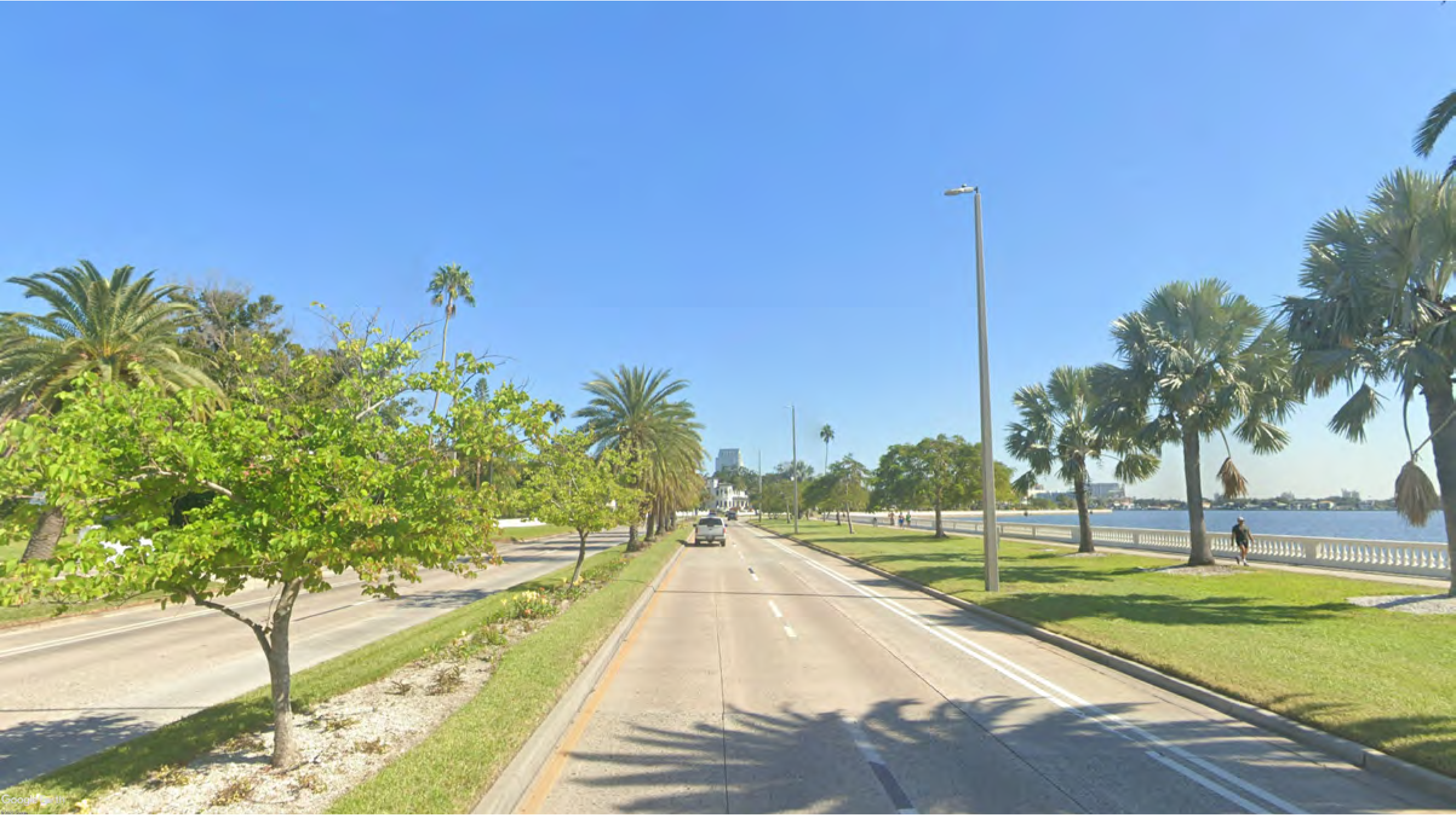 A sunny street lined with palm trees, leading to distant buildings near a waterfront.
