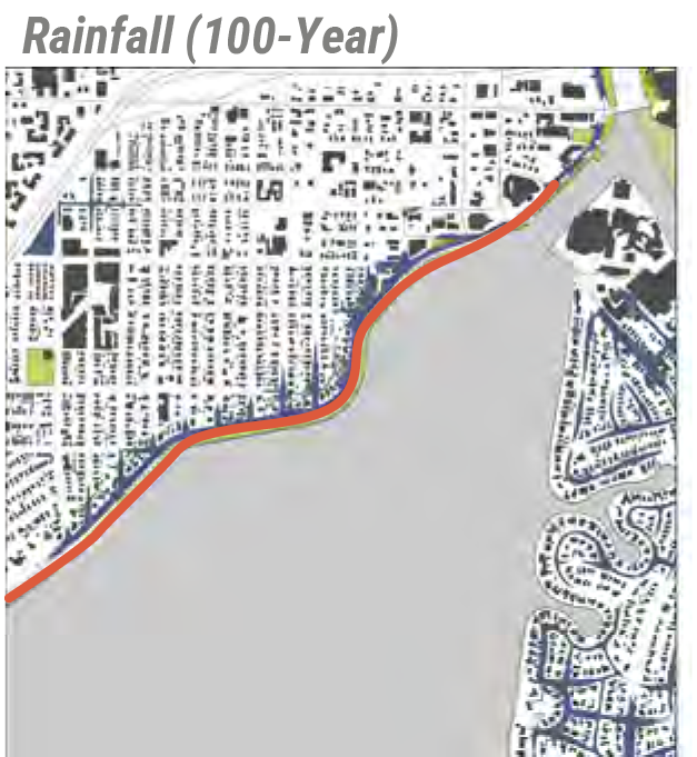 Map showing projected 100-year rainfall levels in the area, highlighting flood zones with colored lines and shaded regions.