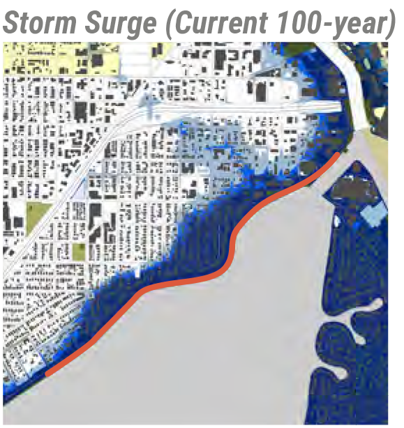 Map showing storm surge risk area for a 100-year flood event, highlighting affected regions in blue and flood boundary in orange.