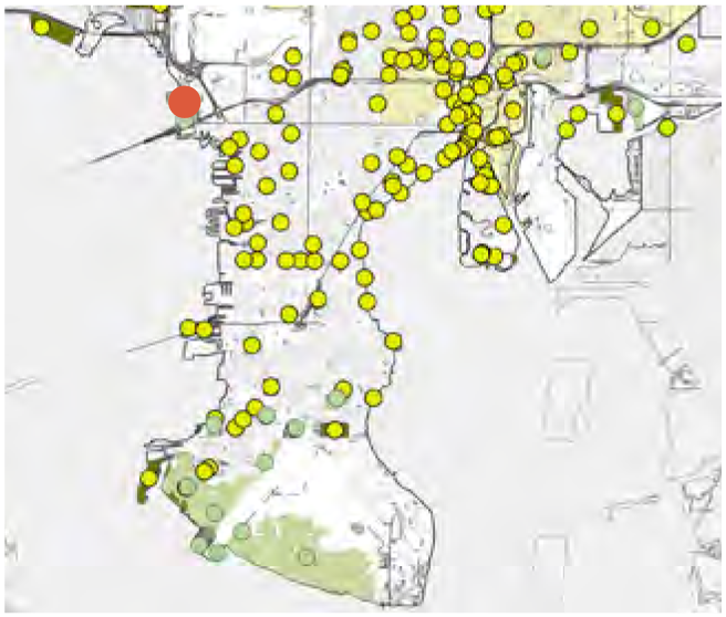 A map showing yellow and green dots representing various locations, with a highlighted orange dot near the water's edge.