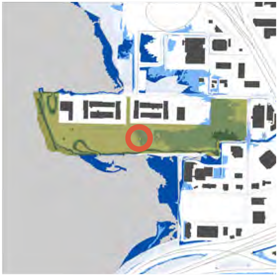 Map showing a green space surrounded by water and buildings, highlighted with a red circle.