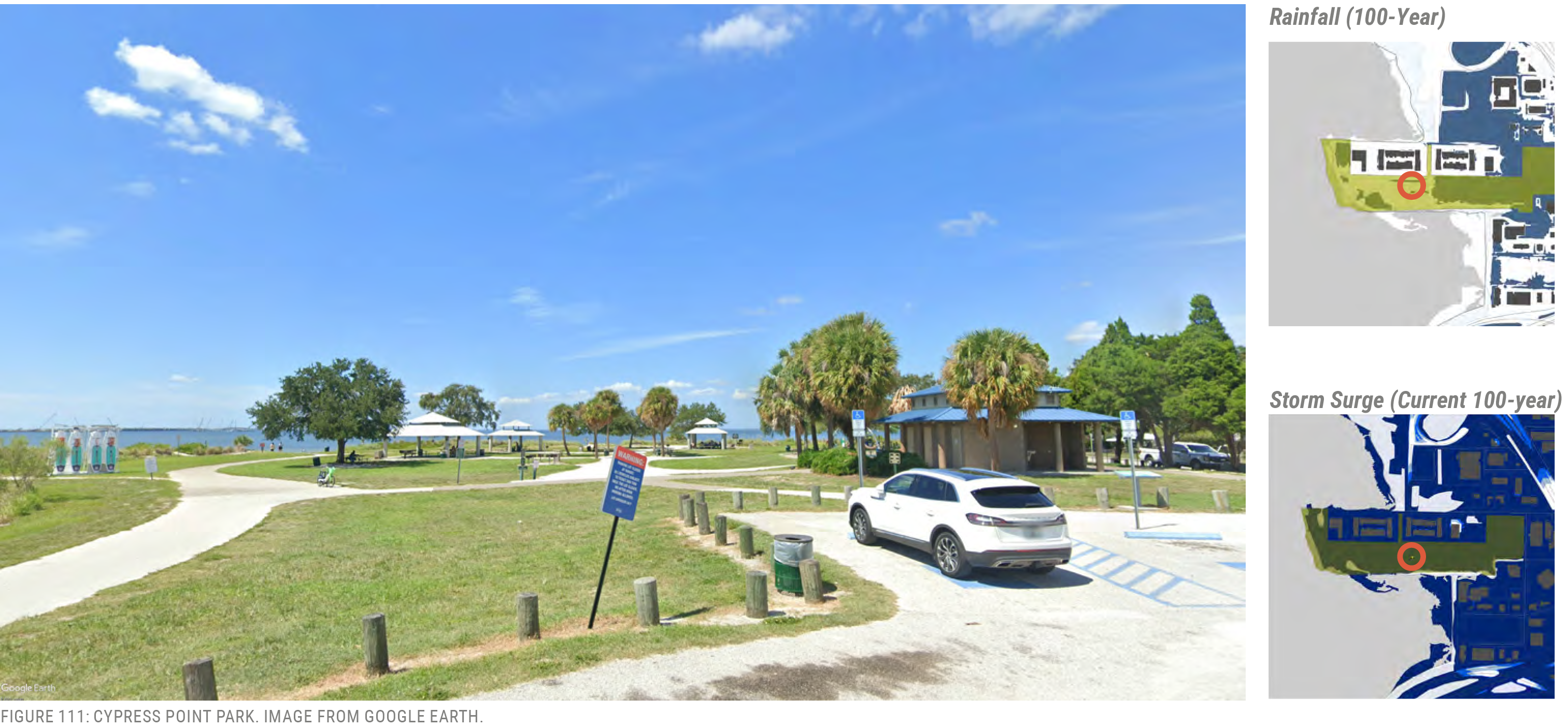Cypress Point Park showing a path, palm trees, and a parking area under clear blue skies with rainfall and storm surge maps.