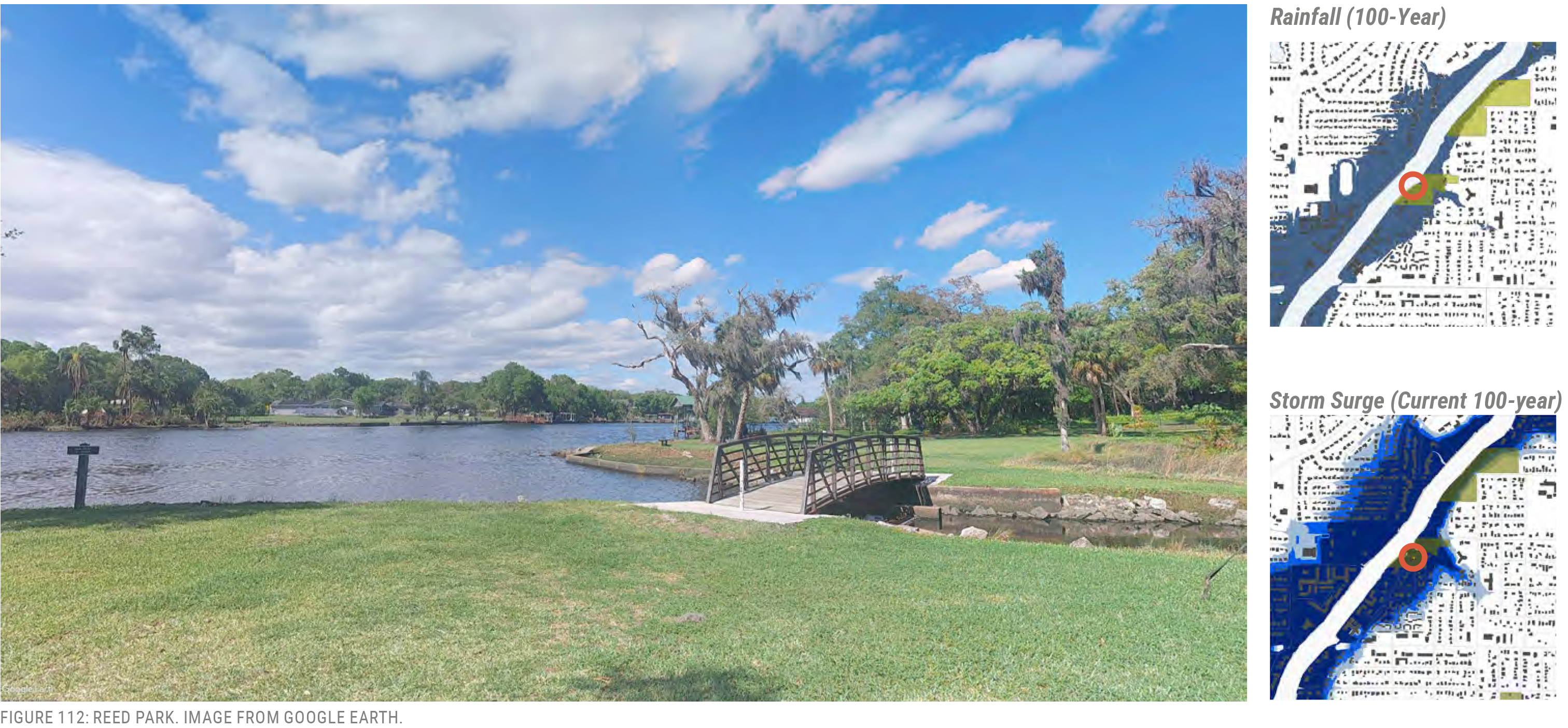 A scenic view of a park with a bridge over a river, featuring trees and grass under a partly cloudy sky.