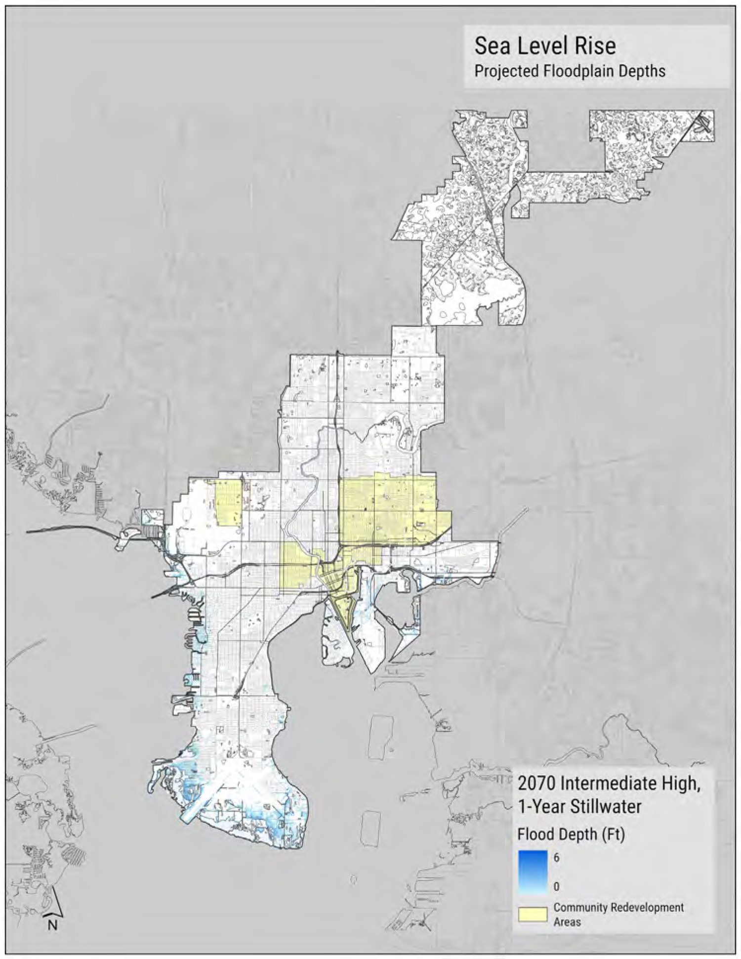 Map showing projected floodplain depths due to sea level rise, highlighting community redevelopment areas and various flood depth levels for 2070.