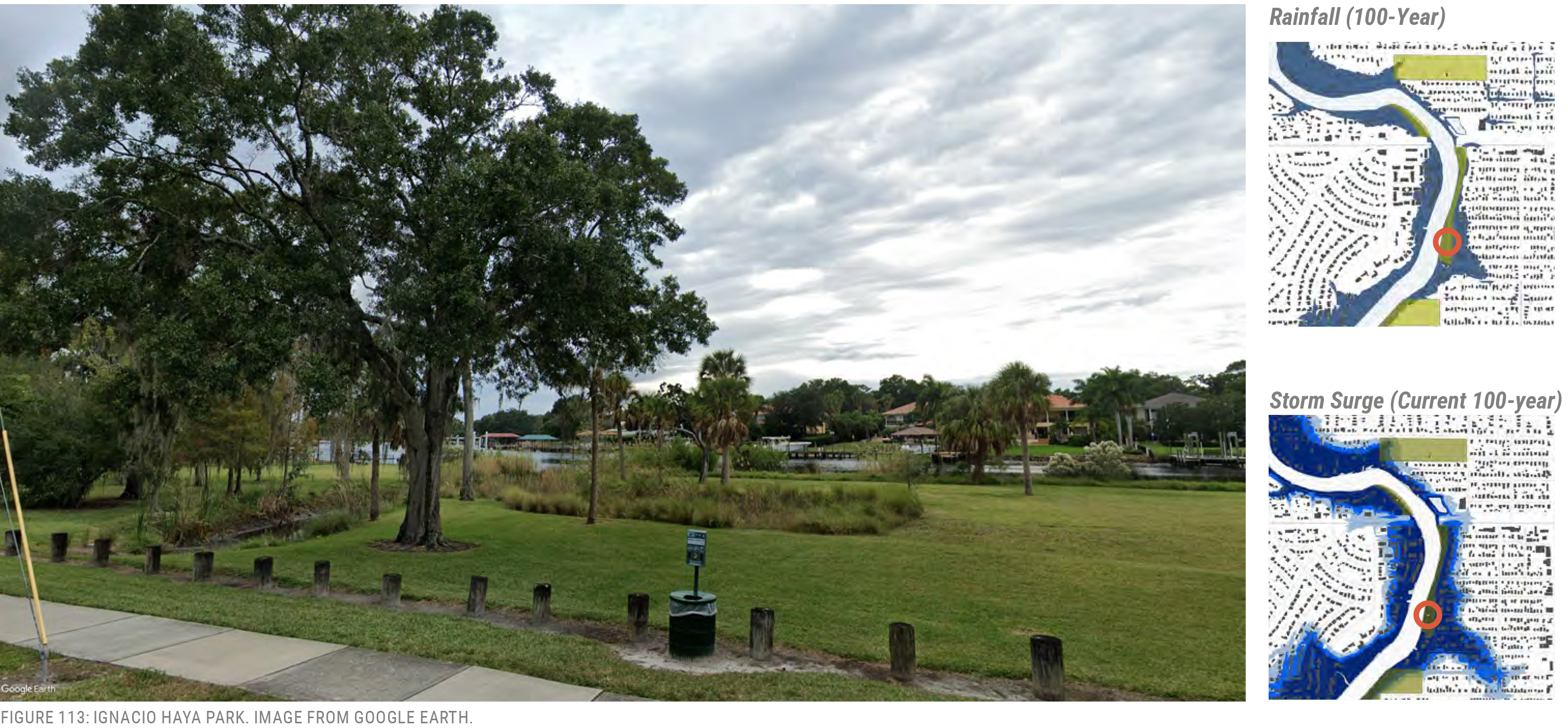 View of a park with trees and water, featuring maps showing 100-year rainfall and current storm surge data.