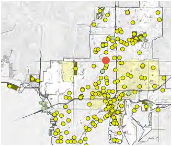 Map showing multiple points marked in yellow and a notable red point, indicating specific locations within a geographic area.