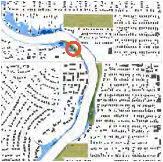 Map illustration showing a river, buildings, and labeled areas, with a highlighted circular marker on a specific location.