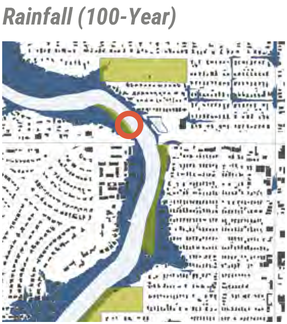Map showing 100-year rainfall areas, highlighting a specific location marked by a circle near a river and surrounding neighborhoods.