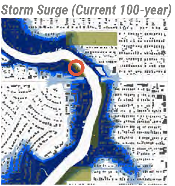 Map illustrating storm surge impact areas, showing a river with highlighted regions affected, labeled 'Storm Surge (Current 100-year)'.